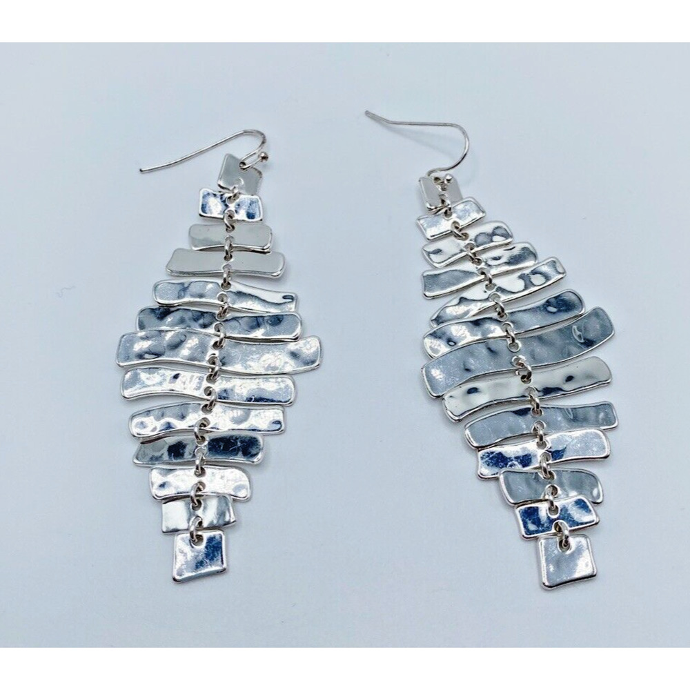 Silver Tone Sculptural Dangle Pierced Statement Earrings Layered Movement Runway - Picture 2 of 4